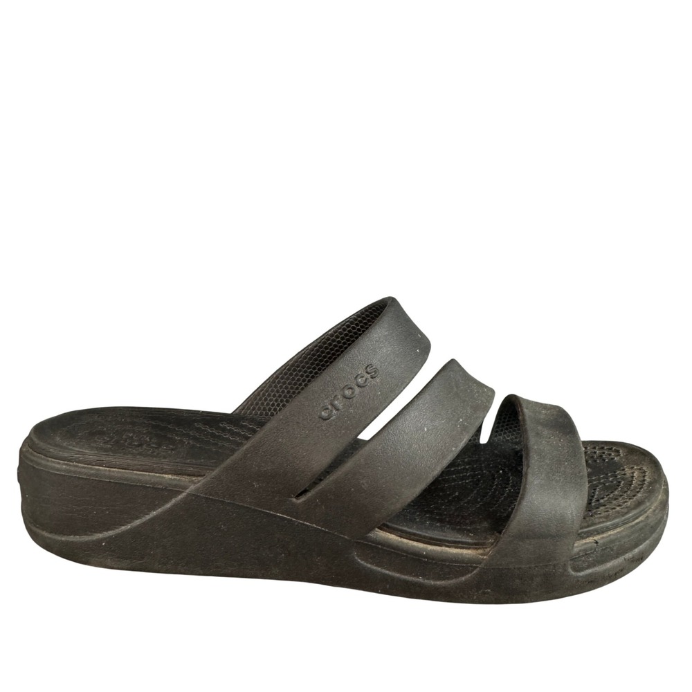 Crocs Brooklyn Low Wedge Sandals Black Three Strap Platform Slides Womens 11
